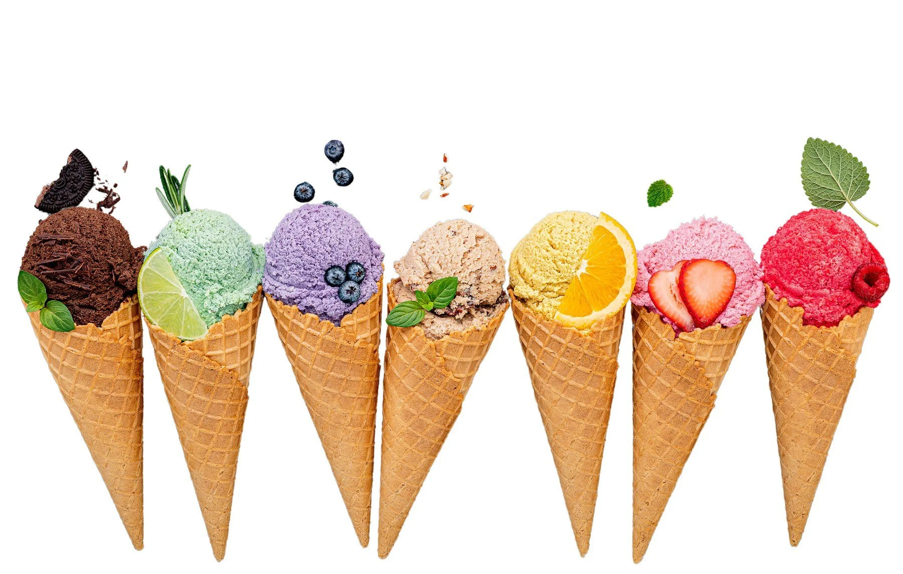 Seven colorful ice cream cones lined up in a row, each topped with different flavors, fruits, and garnishes.