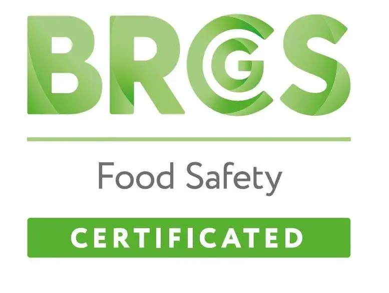 BRCGS Food Safety Certified logo in green and gray text.