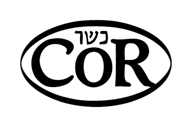 A Kosher logo with the text 'COR' inside an oval shape, with Hebrew characters above it.