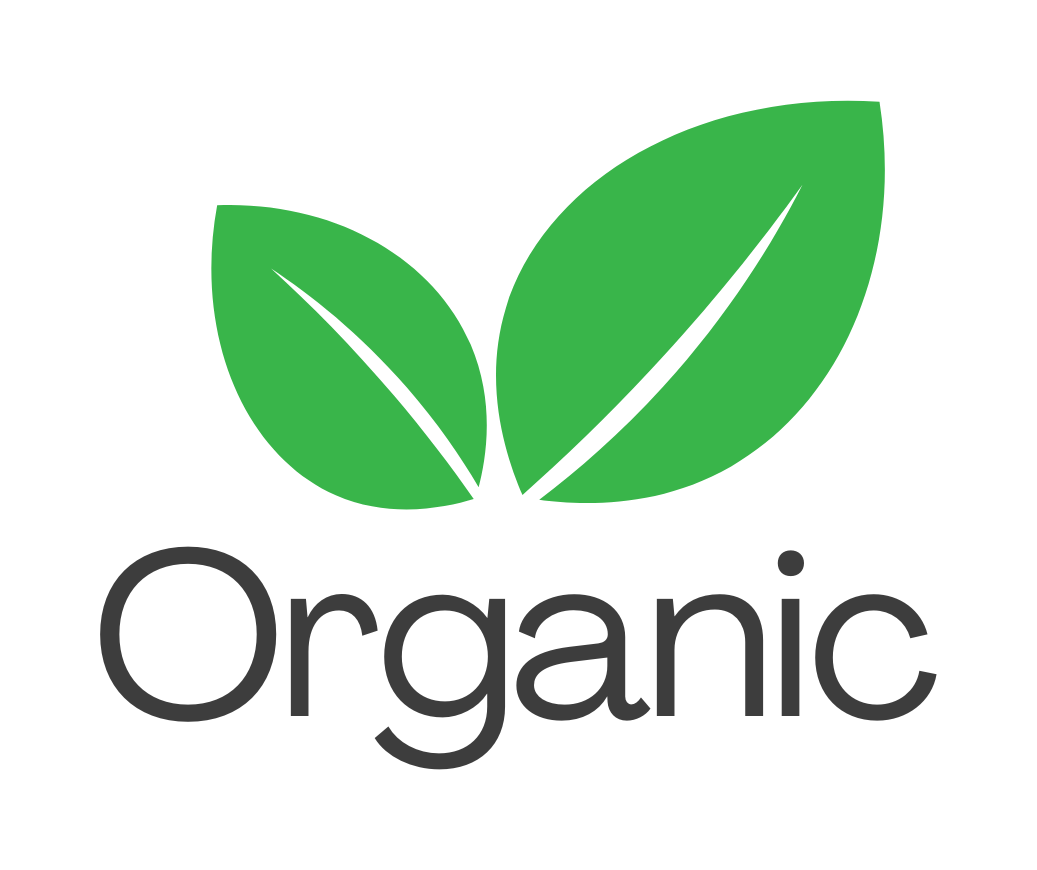 Green leaves graphic with the word 'Organic' below in black font.