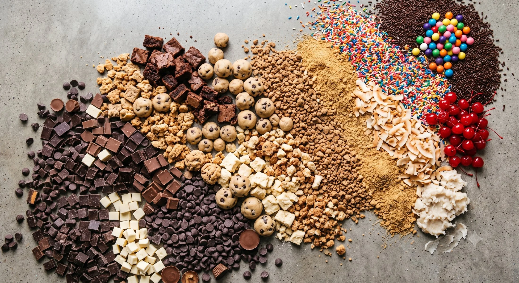 An assortment of various chocolates, cookie dough, sprinkles, and toppings arranged in a semi-circle on a gray surface.