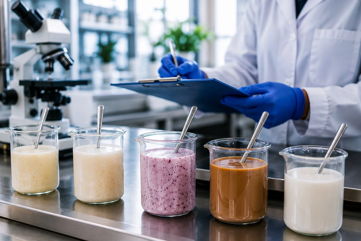 Scientist in a laboratory writing on a clipboard with five jars of colorful liquids and a microscope in the background