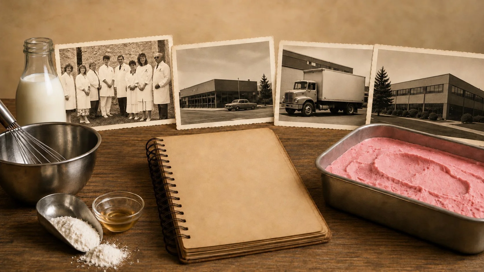 Vintage black-and-white photographs of a group of people in medical coats, a building, and a truck sit on a wooden table next to a glass of milk, a metal bowl with a whisk, a small bowl of honey, a metal tray with pink ice cream, and a notebook.