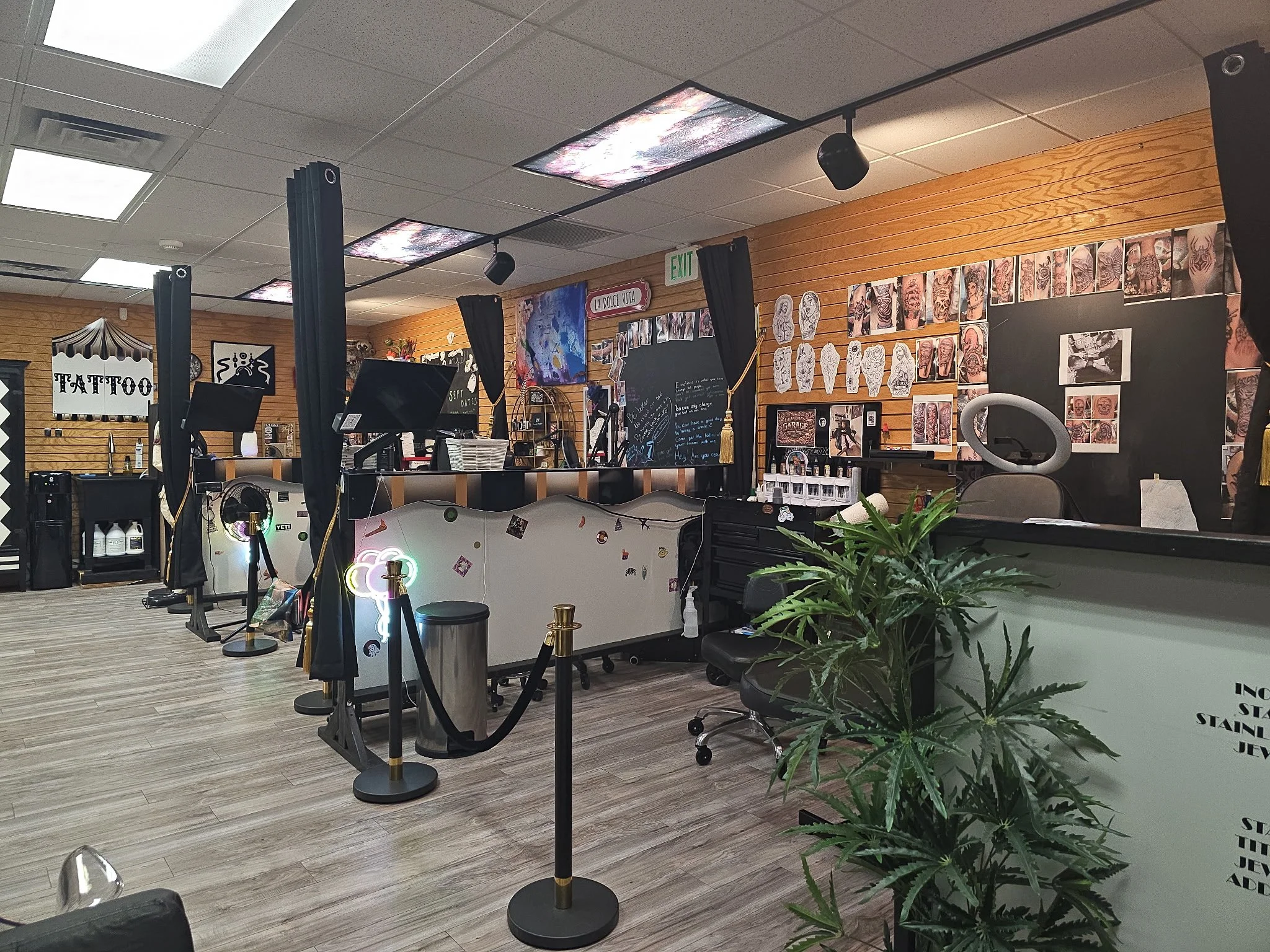 Interior of a tattoo shop with wall art, tattoos on display, and a counter with equipment, plants, and signs.