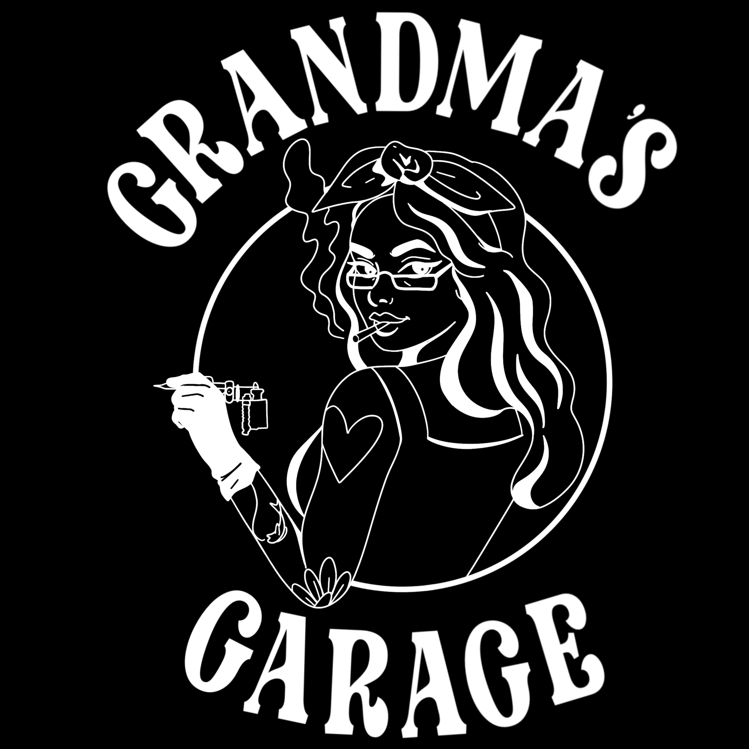 Black and white logo featuring a woman with glasses and a bow in her hair, smoking a cigarette, with the text 'BRANDON'S CAFE' arched above her head.