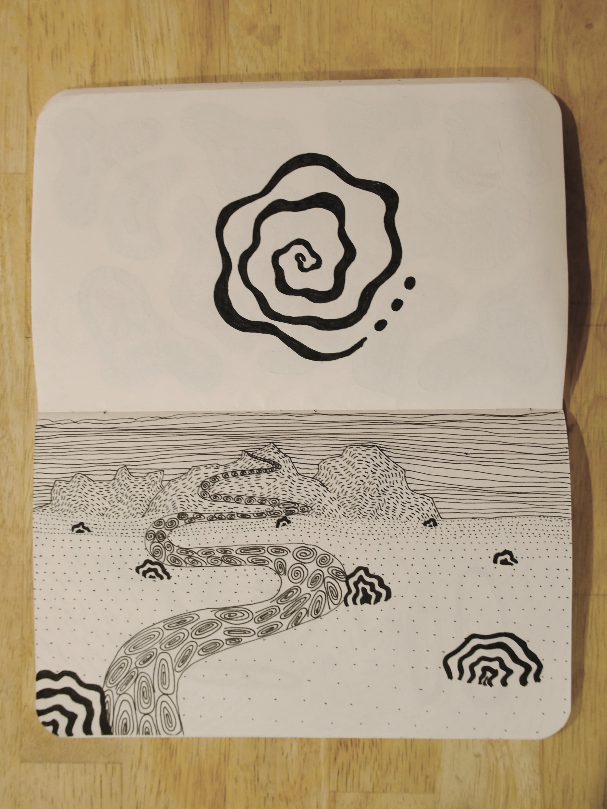 A black and white ink drawing of a chameleon on a textured landscape, with a spiral pattern on its tail and a mountain range in the background.