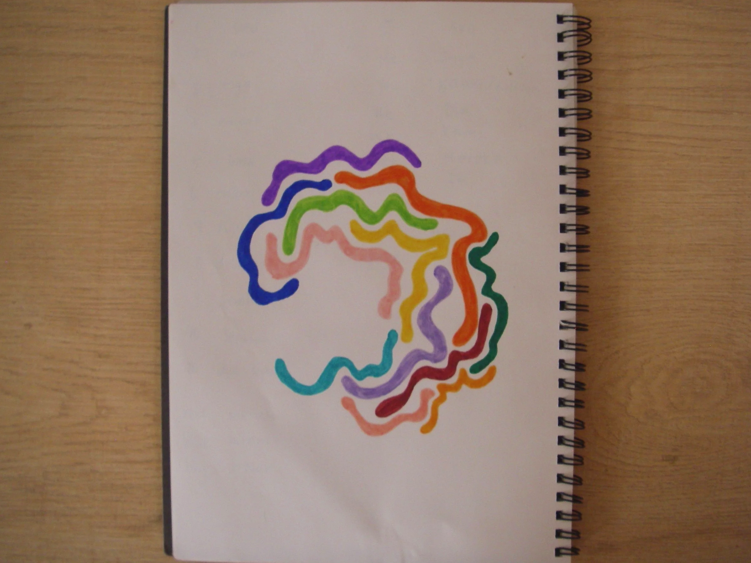 Colorful squiggly lines arranged in a pattern on a white notebook page.