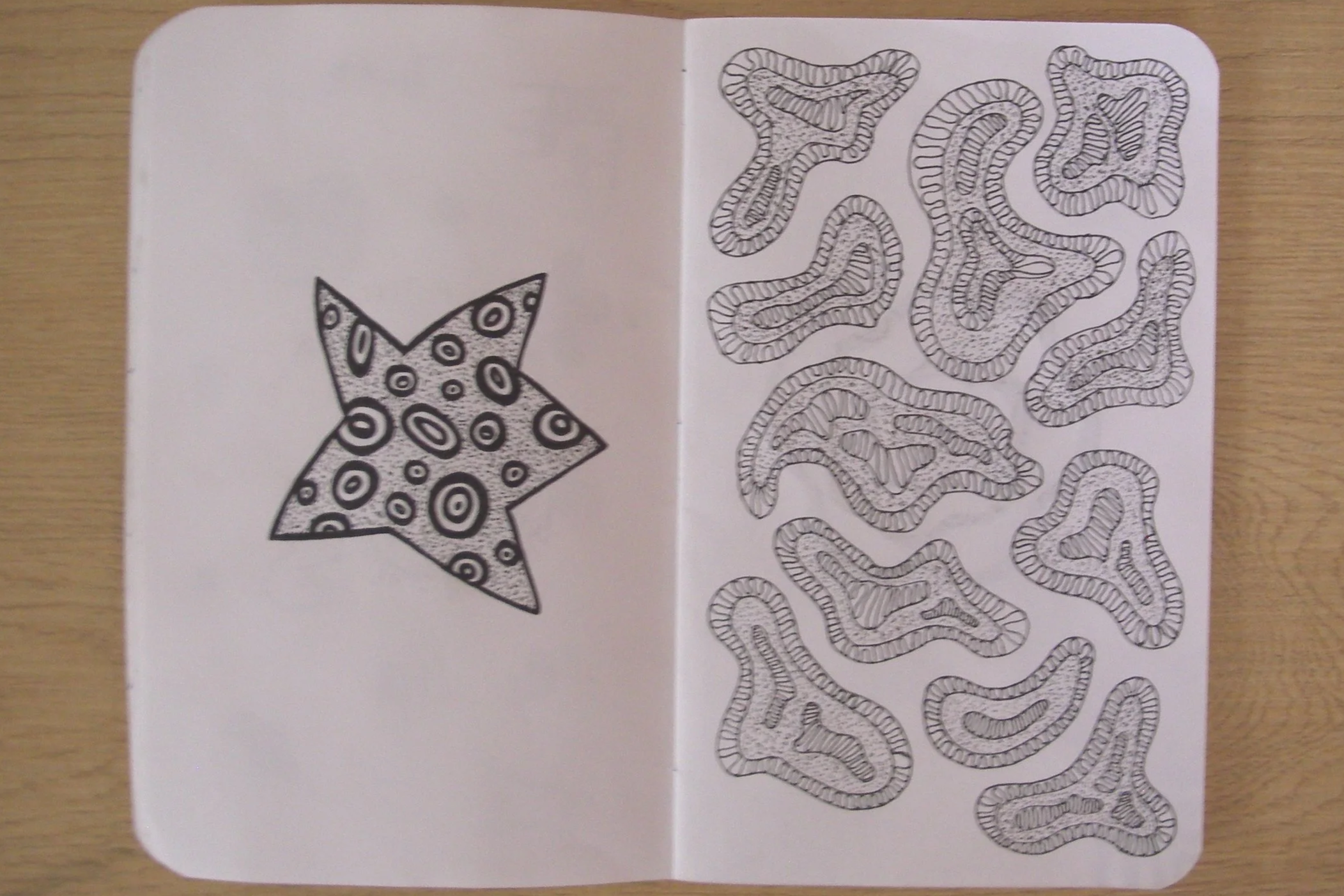 Open notebook with black and white illustrations of a star on the left page and multiple abstract, maze-like patterns on the right page, placed on a wooden surface.