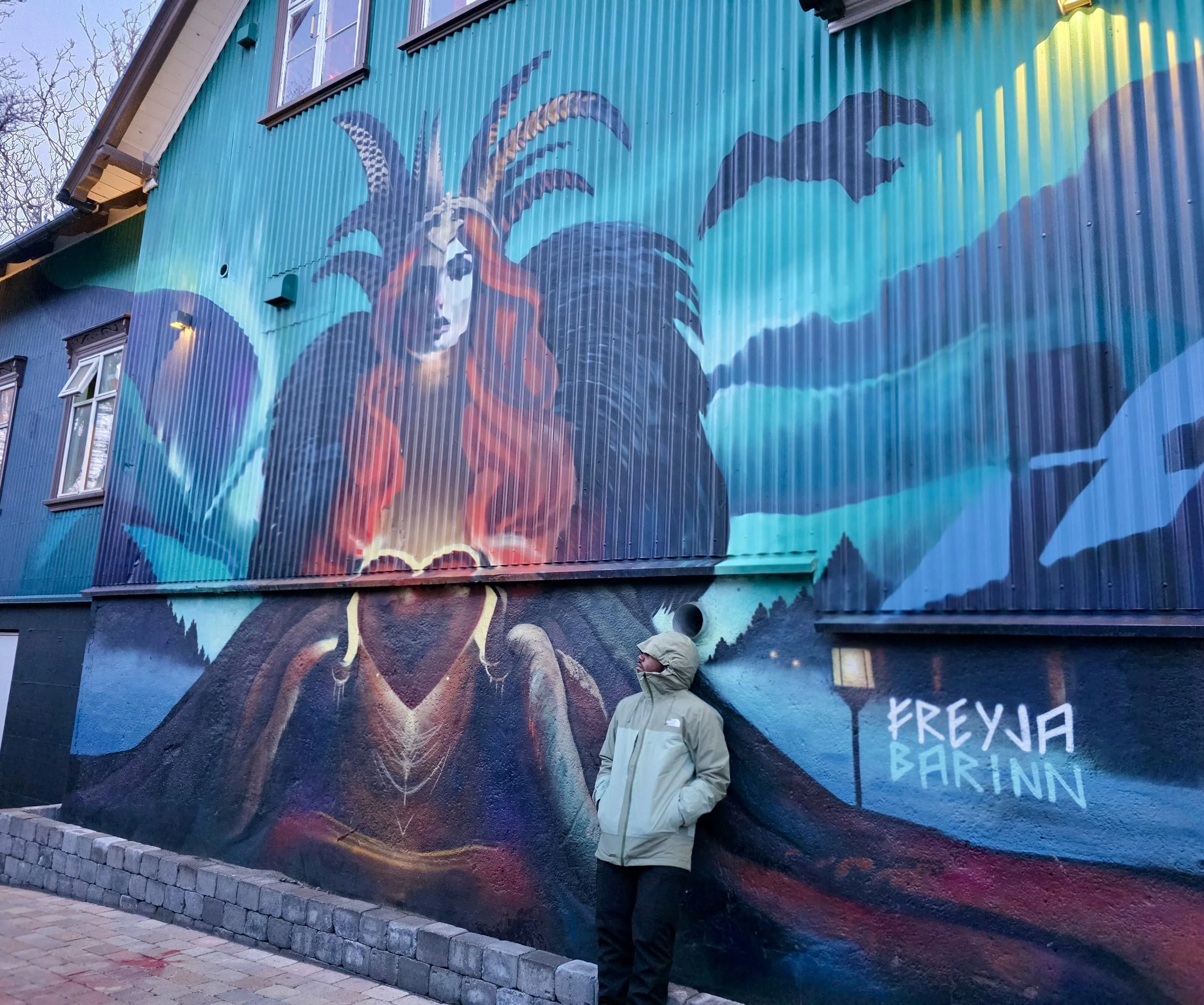 Street mural of a woman with an intricate headdress made of colorful feathers, painted on a corrugated metal wall. A person in a beige jacket and hoodie is standing in front of it, looking away.