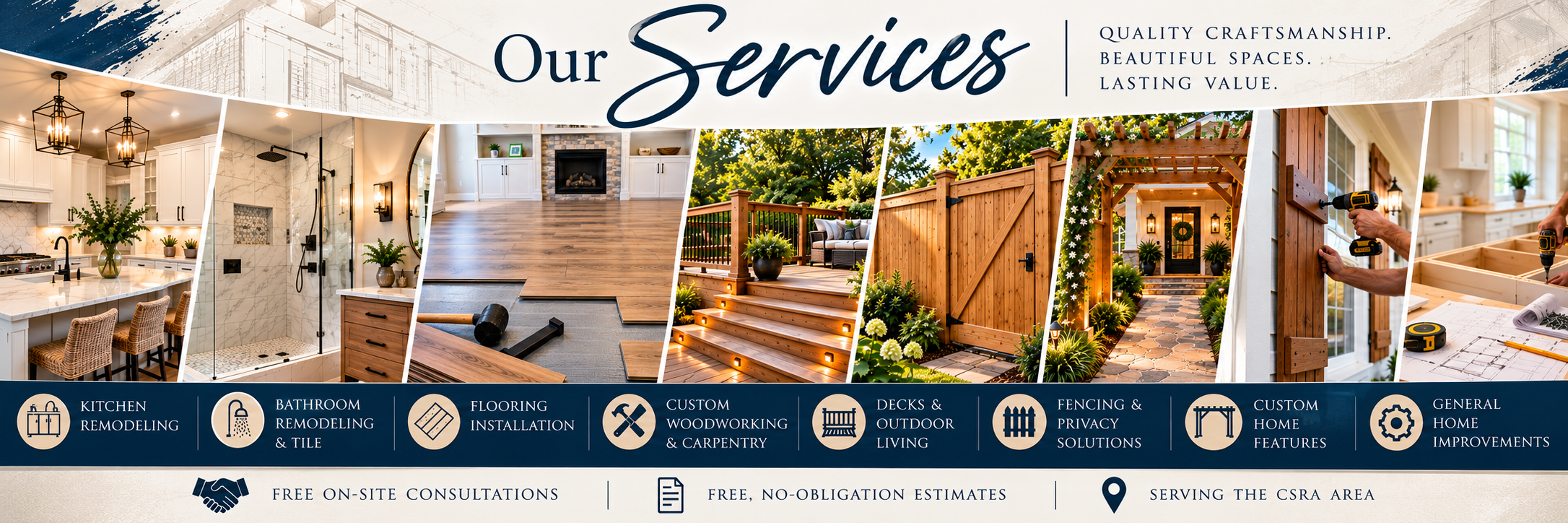 A promotional banner showcasing home renovation services, including kitchen, bathroom, flooring, cabinetry, decks, fencing, and general home improvements, with images of interior and exterior projects.