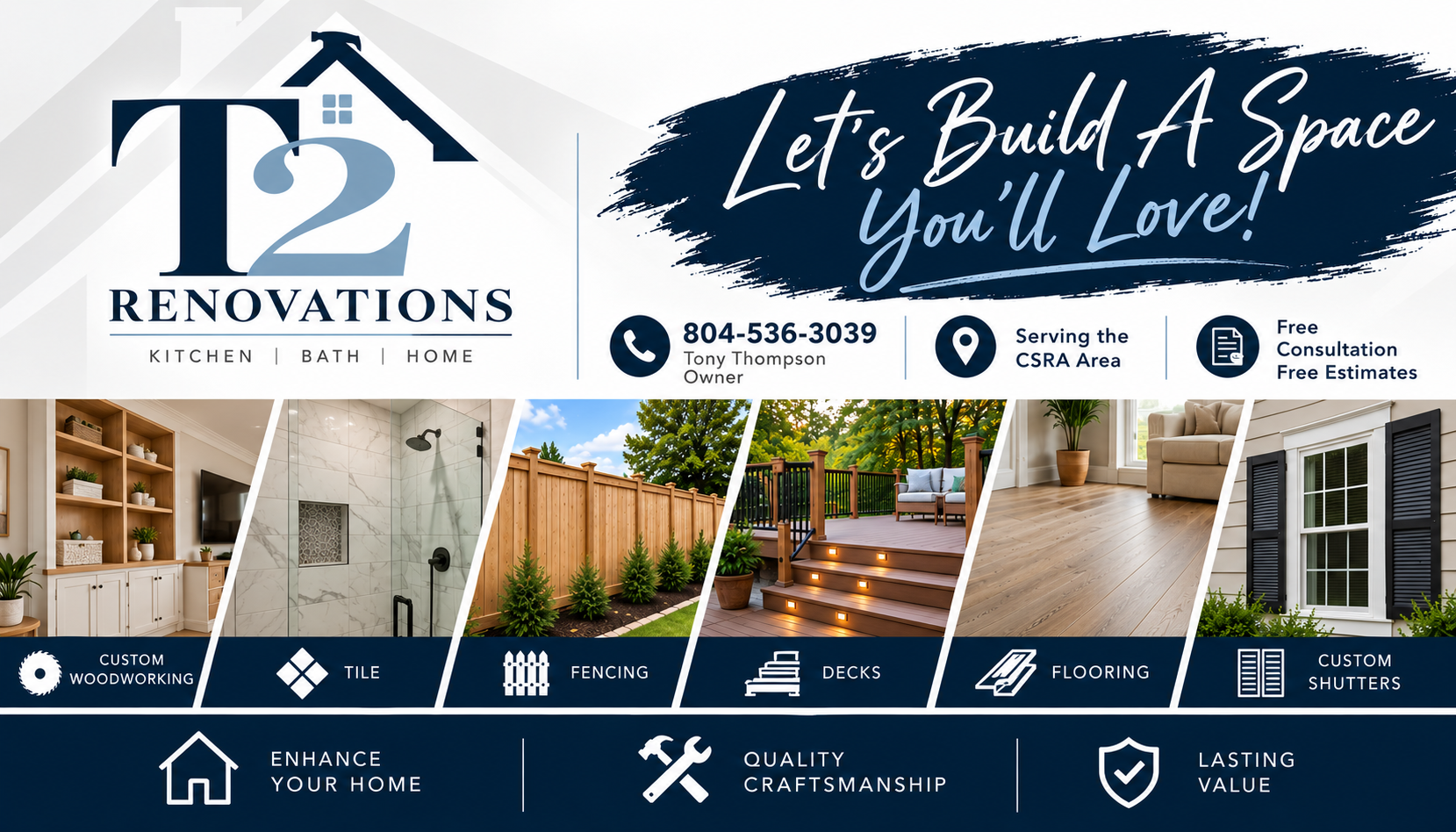 Banner for 12 Renovations advertising kitchen, bath, and home renovation services. Features images of interior and exterior home improvements, contact info for Tony Thompson, and icons for services like woodworking, tile, fencing, decks, flooring, and shutters.