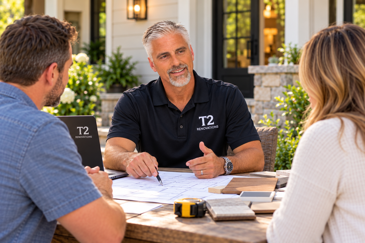 A man with gray hair and a beard, wearing a black T2 RENOVATIONS polo, talks with a couple at an outdoor table. The man is gesturing towards a blueprint with flooring samples and tools on the table, indicating a home renovation discussion. The setting is outside a house with greenery and a porch in the background.