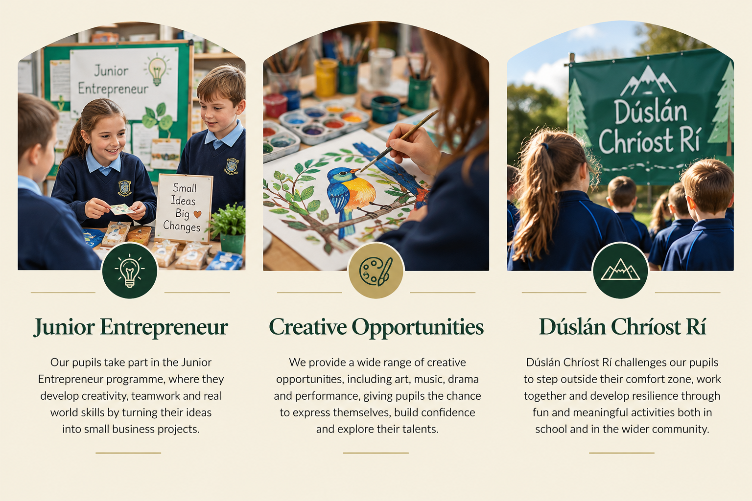 Three sections with images and text about a school program. The first section shows children at a booth titled "Junior Entrepreneur," with a sign that says "Small Ideas Big Changes". The second section displays a person painting detailed artwork of a colorful bird on paper, with paints nearby. The third section features a group of children outdoors in front of a green banner that says "Dúslán Chríoch Rí."