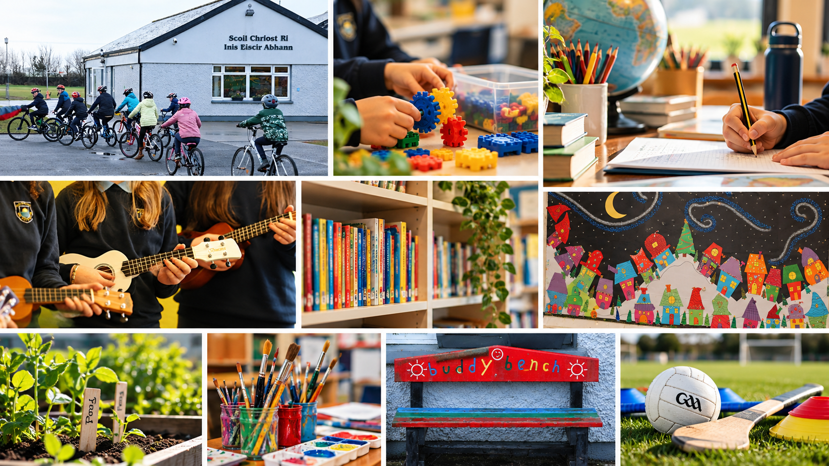 Collage of school activities including children riding bicycles outside, playing with educational toys, writing, reading books, playing guitars, working on art projects, gardening, painting, sitting on a bench, and sports equipment on a field.
