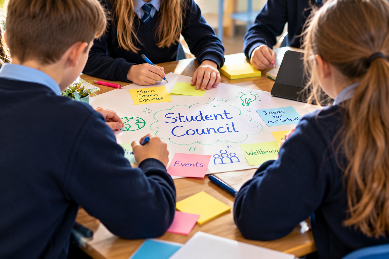 Students working together at a table with a large paper titled 'Student Council' and colorful notes on topics like 'More Green Spaces,' 'Events,' 'Ideas for our School,' 'Wellbeing,' and drawings of a lightbulb and globe.