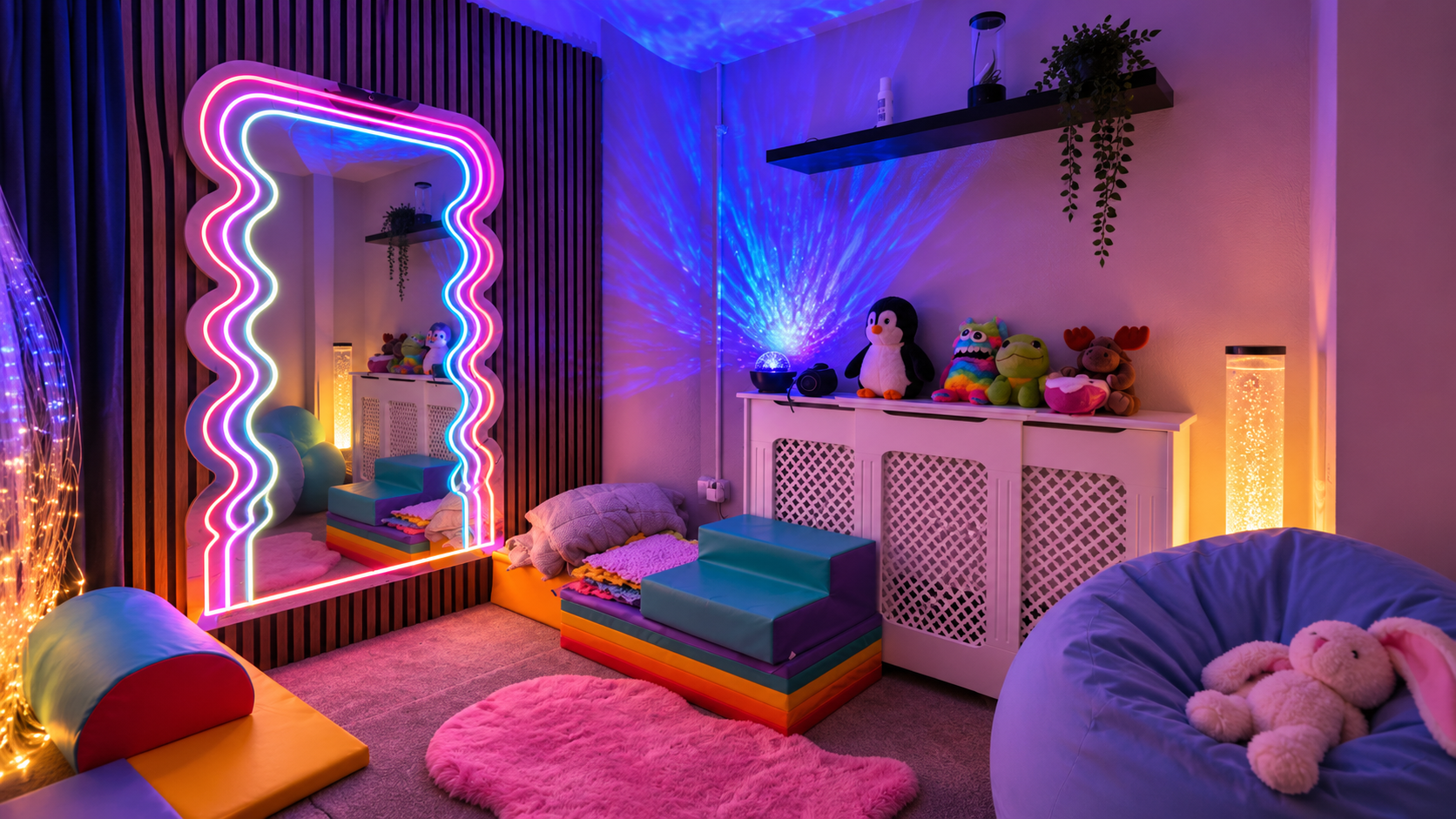 A colorful, cozy child's room with neon light mirror, plush toys, and decorative lighting creating a playful atmosphere.