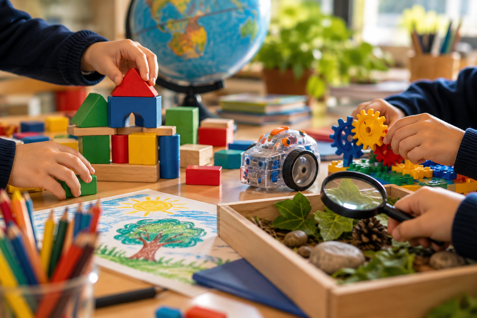 Children playing with colorful building blocks, a robot toy, and educational tools on a table in a classroom with a globe, plants, and drawing in the background.