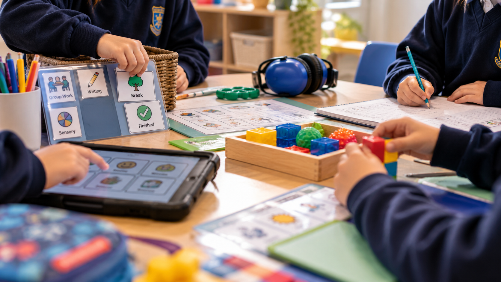 Students working on educational activities at a classroom table, with various learning tools, tablets, and a visual schedule displayed.