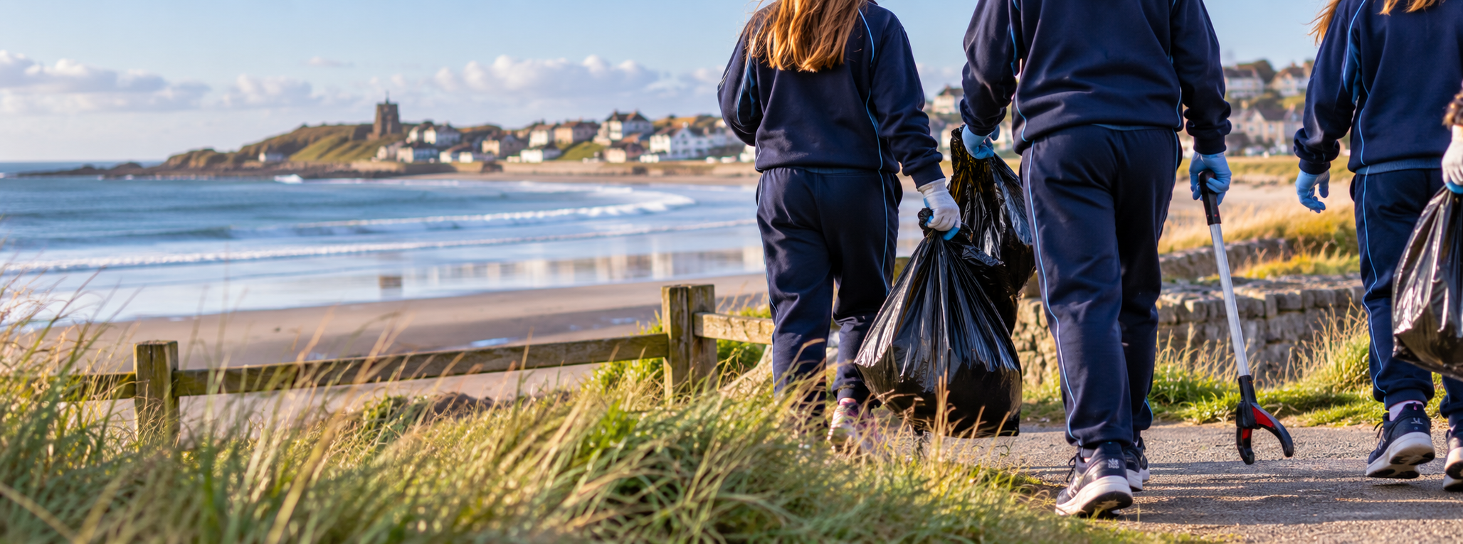 People wearing blue tracksuits and gloves picking up trash with trash bags and litter pickers along a beach promenade, with the ocean, sandy beach, and houses on a hill in the background.
