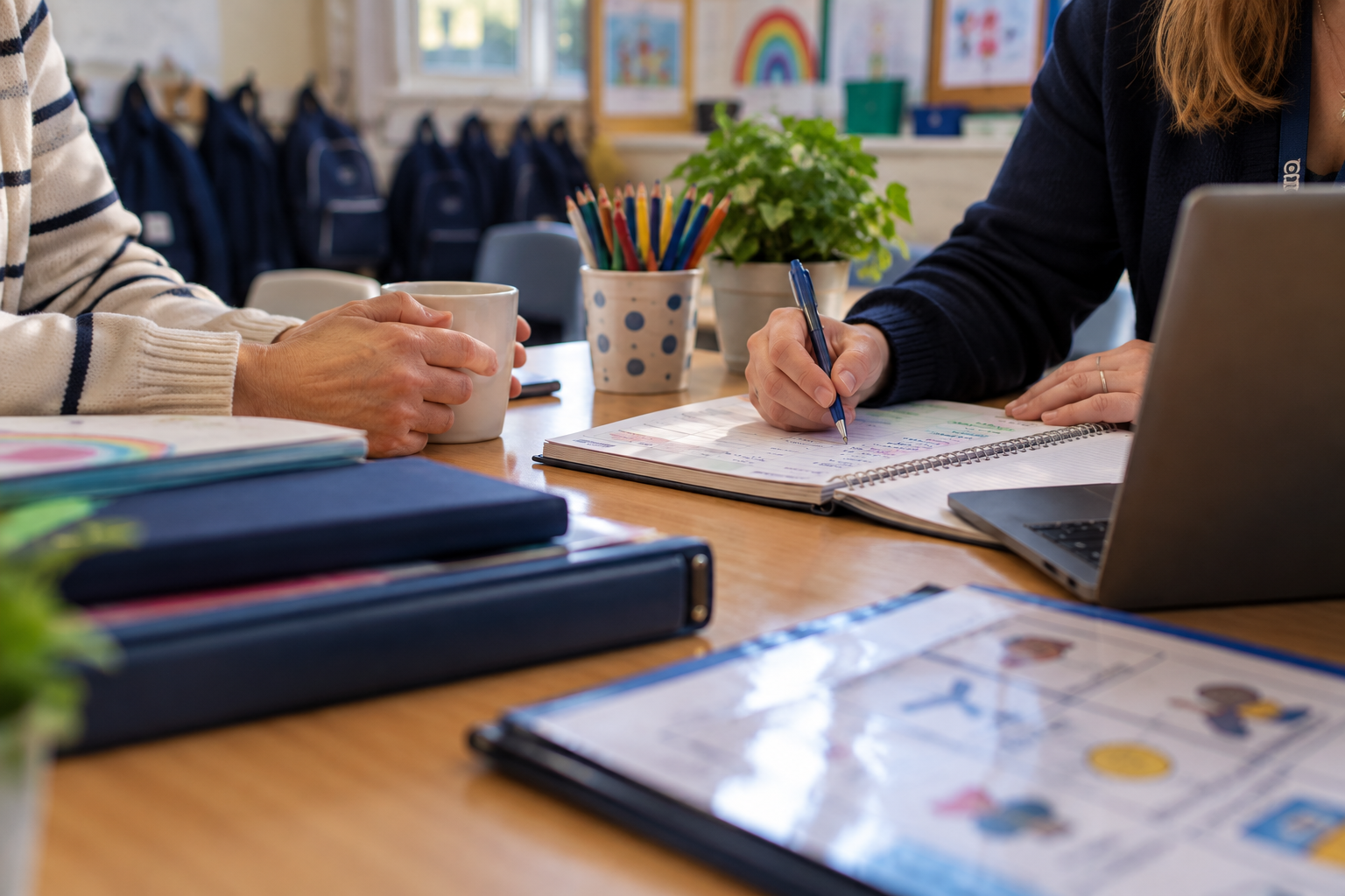 A meeting or discussion taking place at a desk with notebooks, a laptop, colored pencils in a cup, and a potted plant in a bright room with hooks and backpacks in the background.