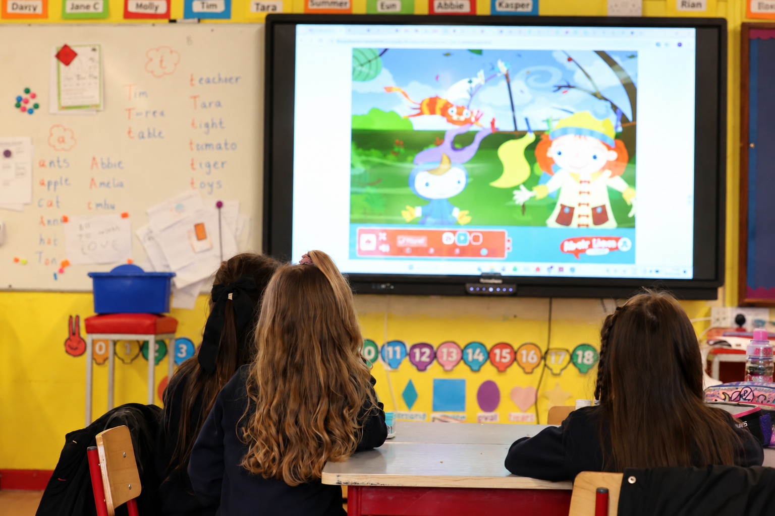 Classroom with three students watching an educational cartoon on a large screen, with colorful bulletin boards and classroom decorations in the background.