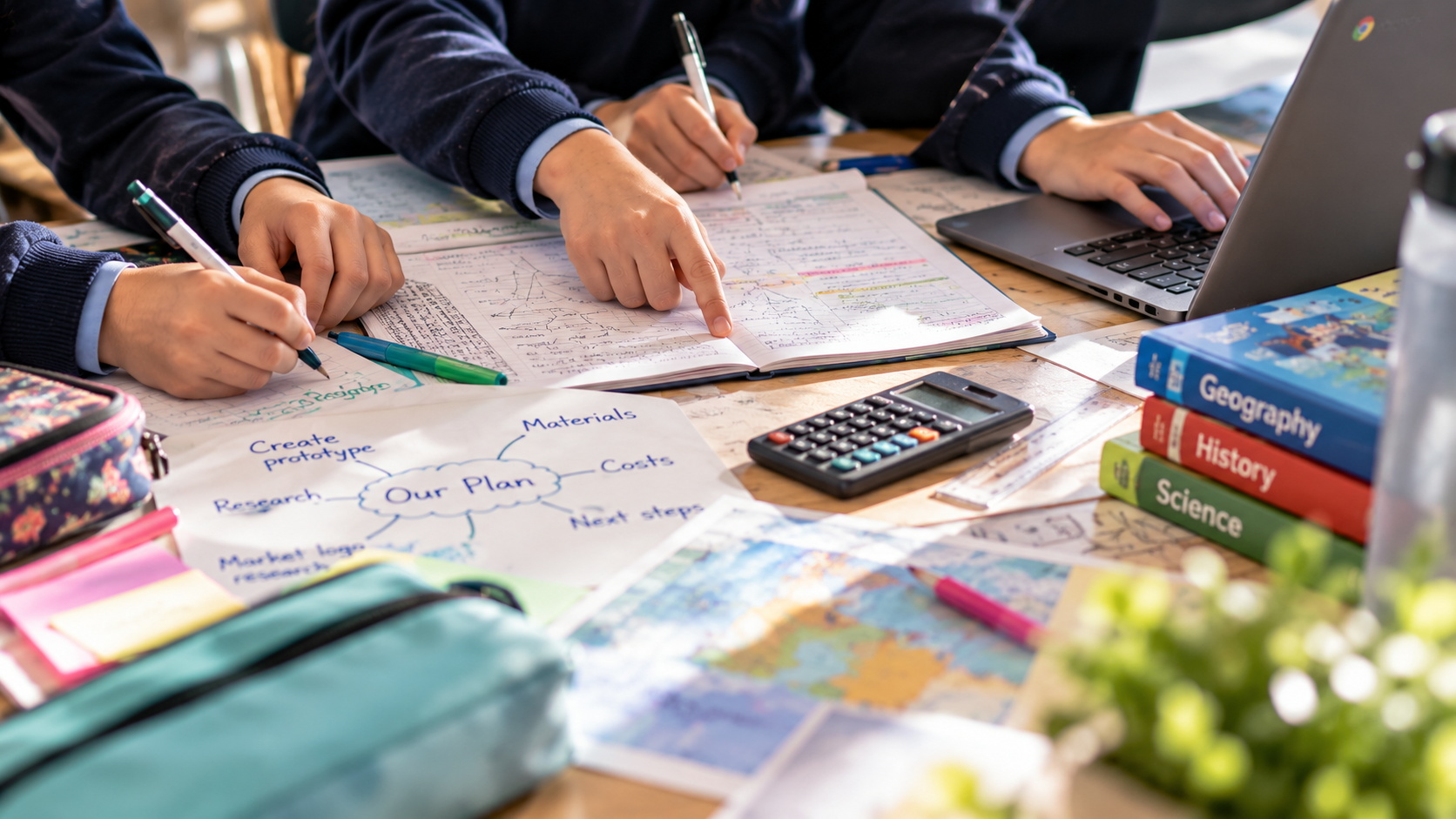 Students working on geography research with notebooks, textbooks, and a laptop, surrounded by various study materials and a mind map titled 'Our Plan.'