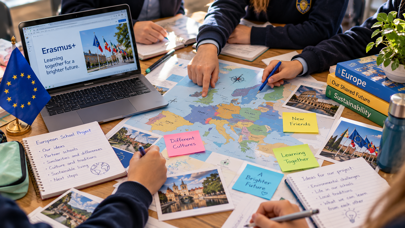 Students planning a Europe travel project with a world map, flags, books, photos, and notes about cultural differences, sustainability, and learning together.