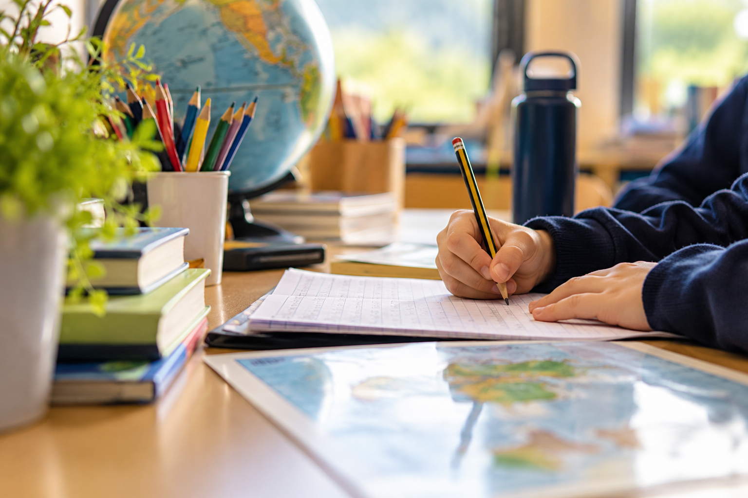 A student writing in a notebook at a desk with school supplies, including a globe, colored pencils, books, and maps.