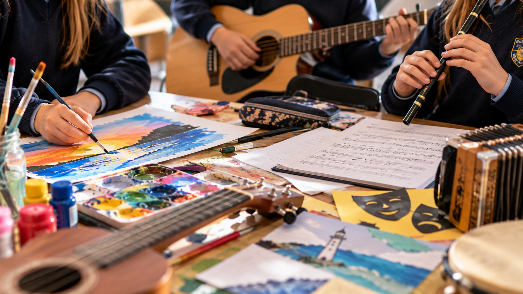 Students engaged in art and music activities, including painting, playing guitar, and flute, on a cluttered table with art supplies, sheet music, and decorations.