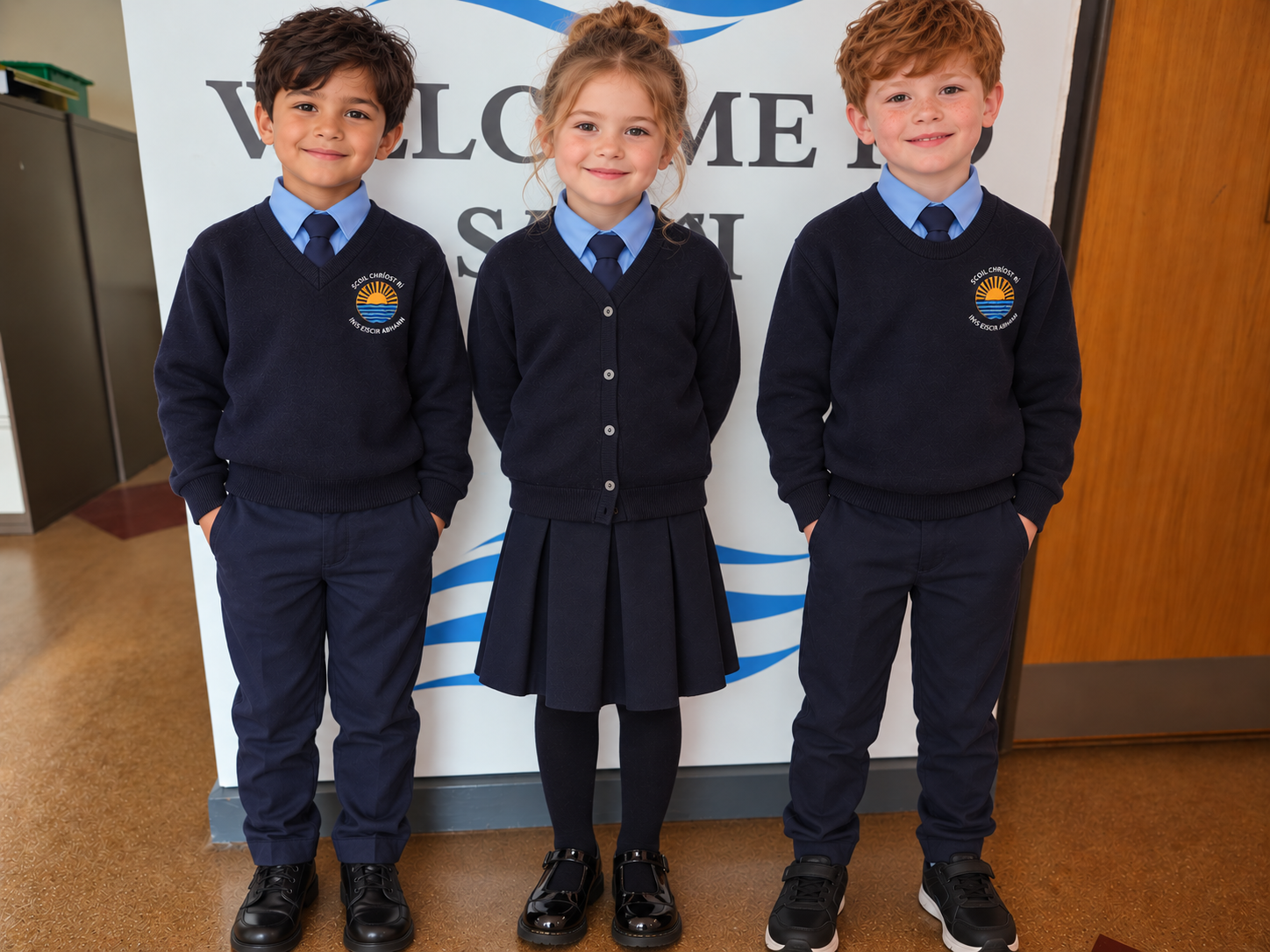Three students in school uniforms standing in front of a welcome sign inside a school building. The two boys are wearing navy blue sweaters with a school emblem, light blue dress shirts, and navy blue pants. The girl is wearing a navy blue cardigan, a pleated skirt, and black shoes. All three students are smiling and have their hands in their pockets.