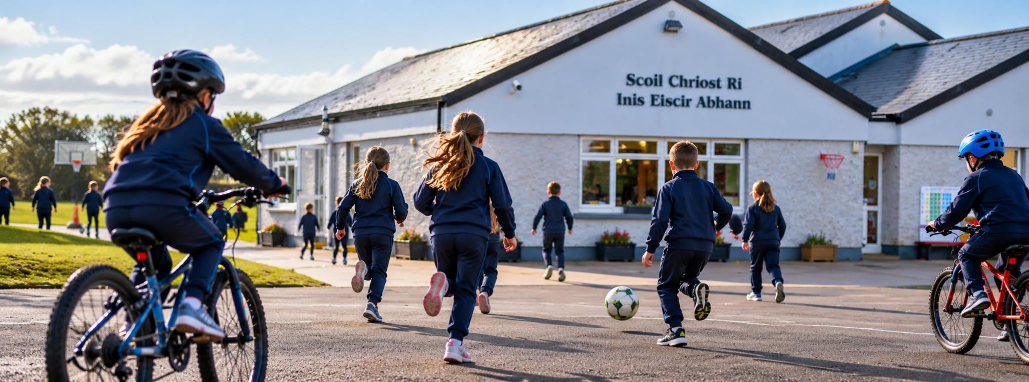 Children playing soccer and riding bikes outside a school building on a sunny day.