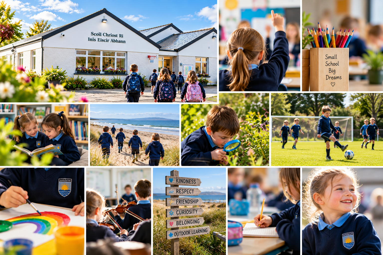A collage of children at a school, showing students going to school, classroom activities, outdoor play, beach walk, and a sign with values like kindness and respect.