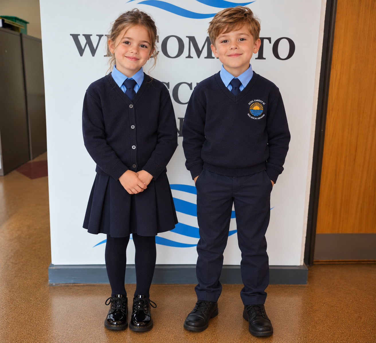 Two children in school uniforms standing in front of a 'Welcome to' sign at school, smiling.