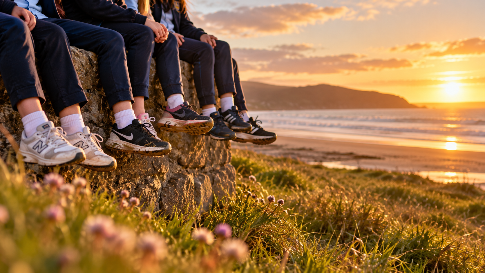 Group of children sitting on a stone wall along the beach at sunset, wearing sneakers and casual clothes, with a scenic ocean view and sunset in the background.