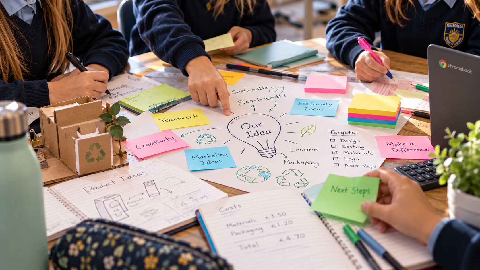 A group of students working on a project about sustainable and eco-friendly ideas, with notes, sticky notes, and sketches on the table.