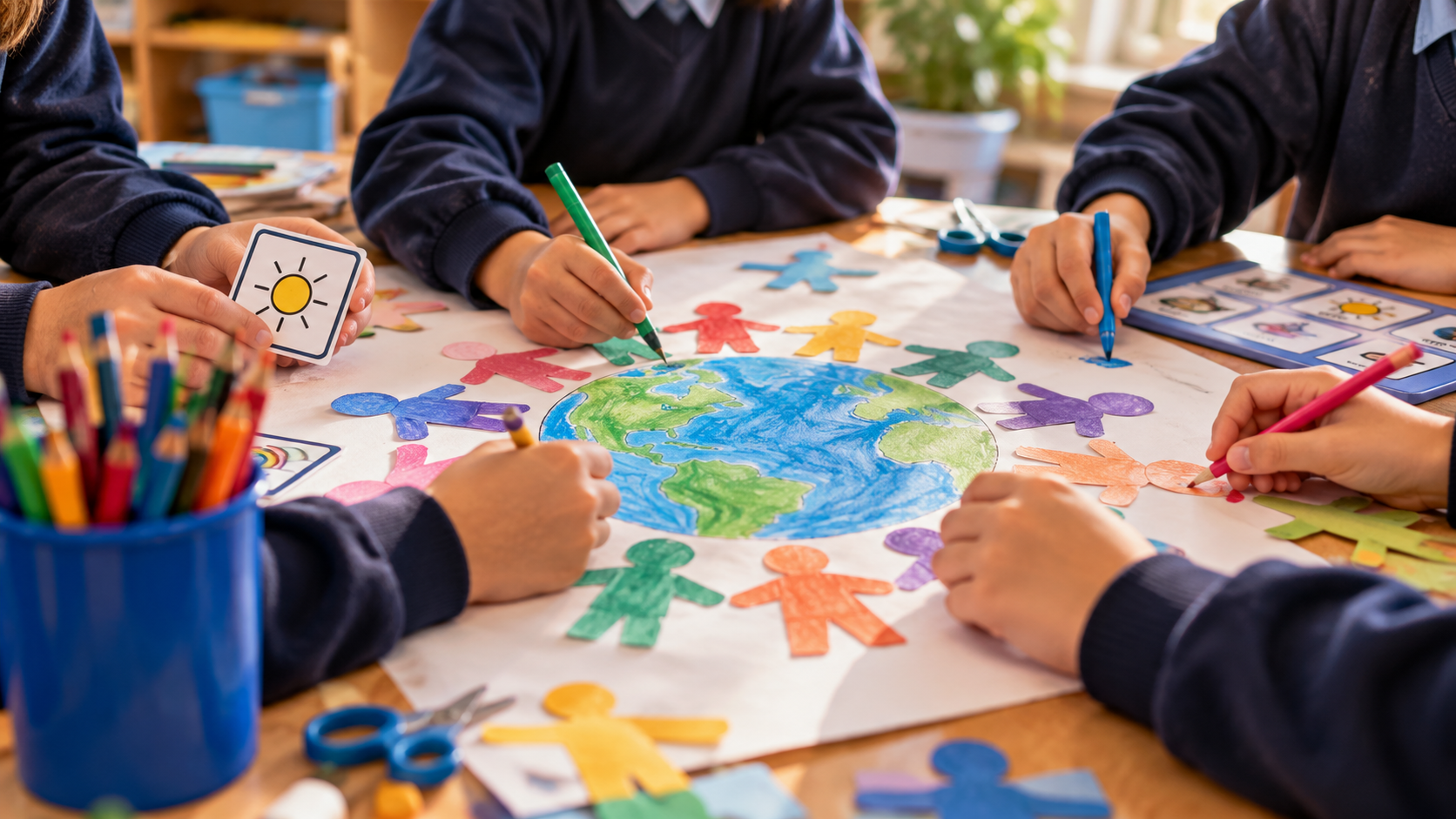 Children working on a globe project with paper cutouts of people around the earth, colored markers, and educational flashcards on a table.