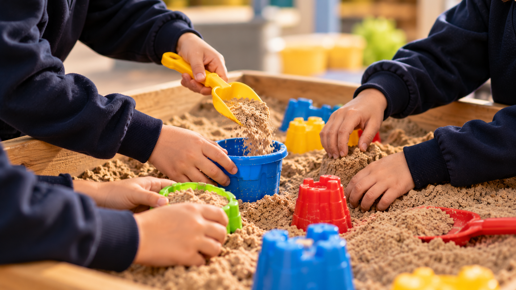 Children playing in a sandbox with colorful plastic shovels and molds, filling and shaping the sand.
