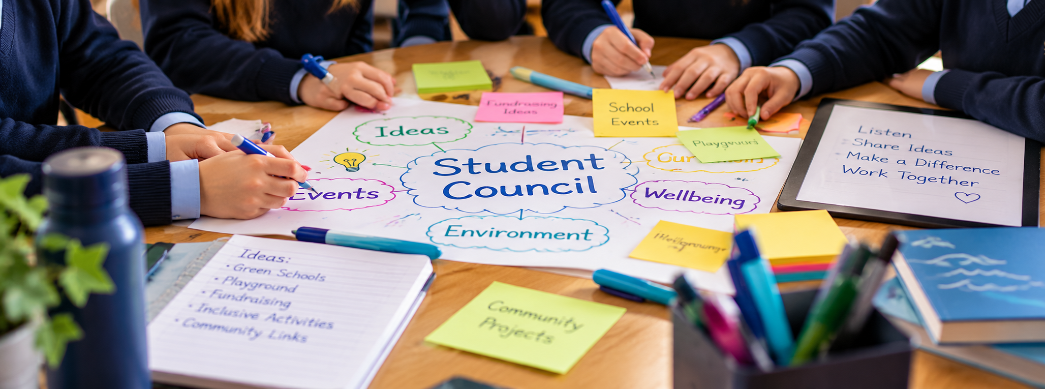 Students working on a poster about student council ideas and activities, surrounded by notes and writing supplies.