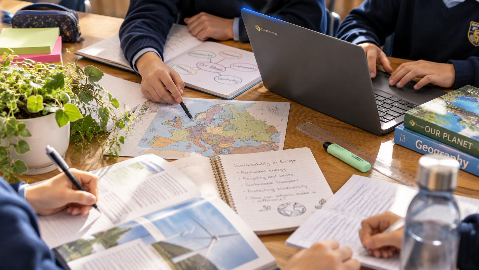 Students studying geography and sustainability in a classroom, with maps, books, notebooks, and a laptop on the table.