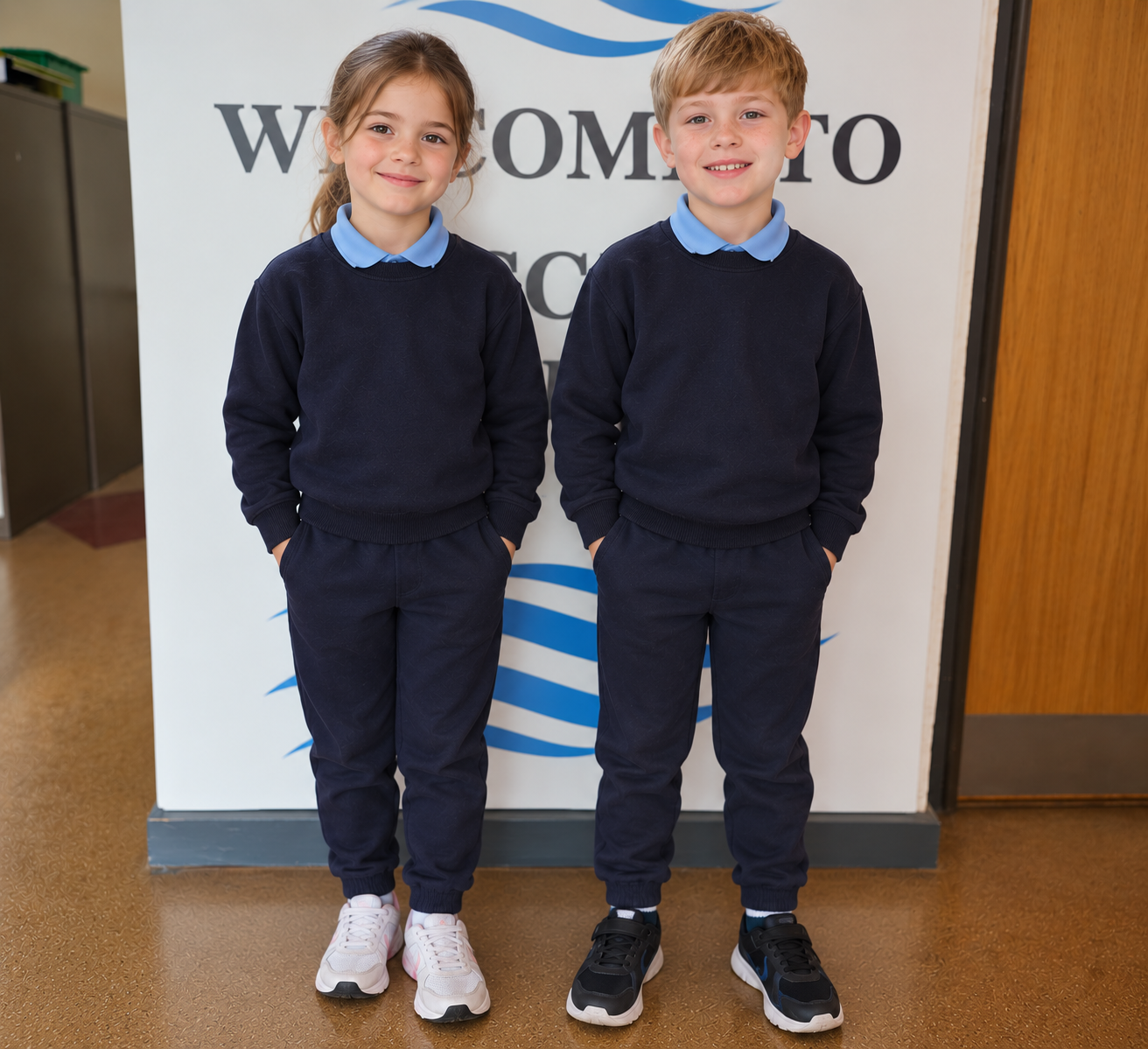 Two children, a girl and a boy, standing side by side in front of a white sign with black and blue text, both wearing navy blue school uniforms with light blue collared shirts underneath. The girl has brown hair tied back in a ponytail, and the boy has short blond hair. Both have their hands in their pockets and are smiling.