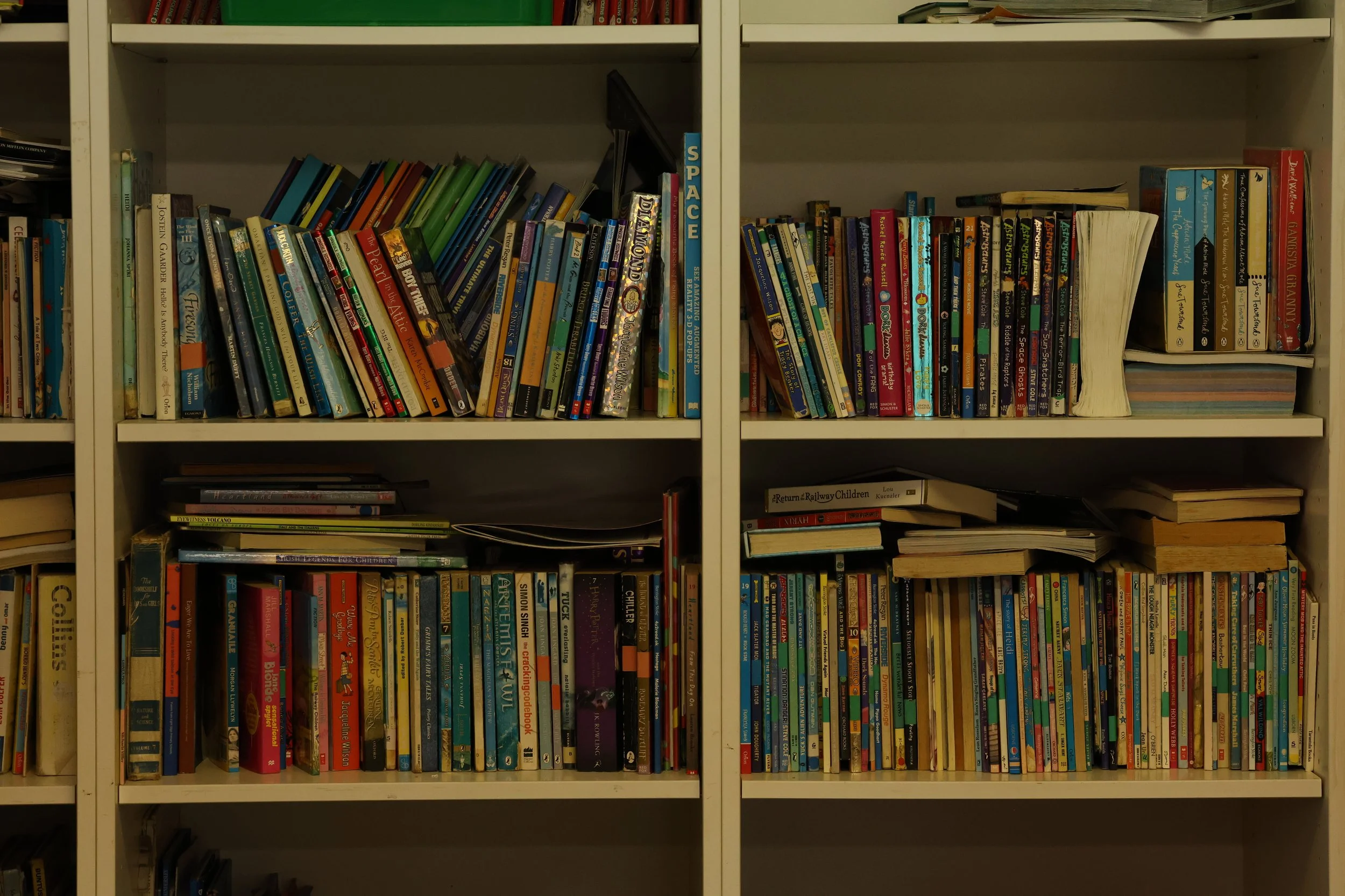 White bookshelf filled with colorful books organized in multiple shelves, some books stacked horizontally, with a few books and magazines at the bottom.