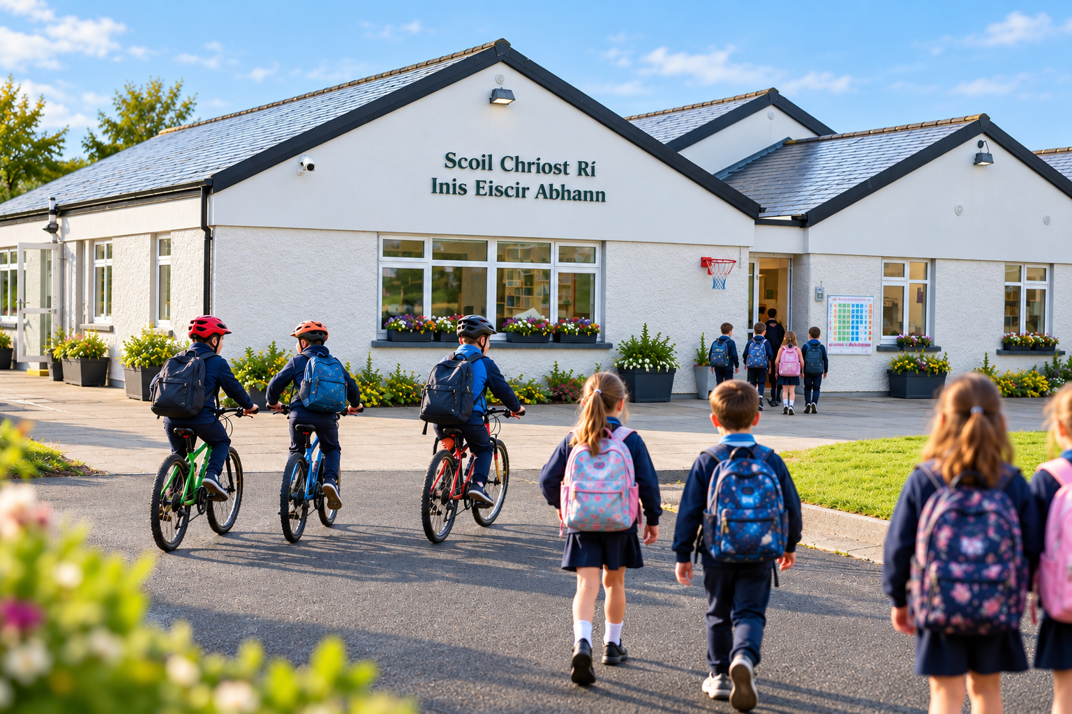 Children with backpacks walking and riding bikes towards a school building on a sunny day.