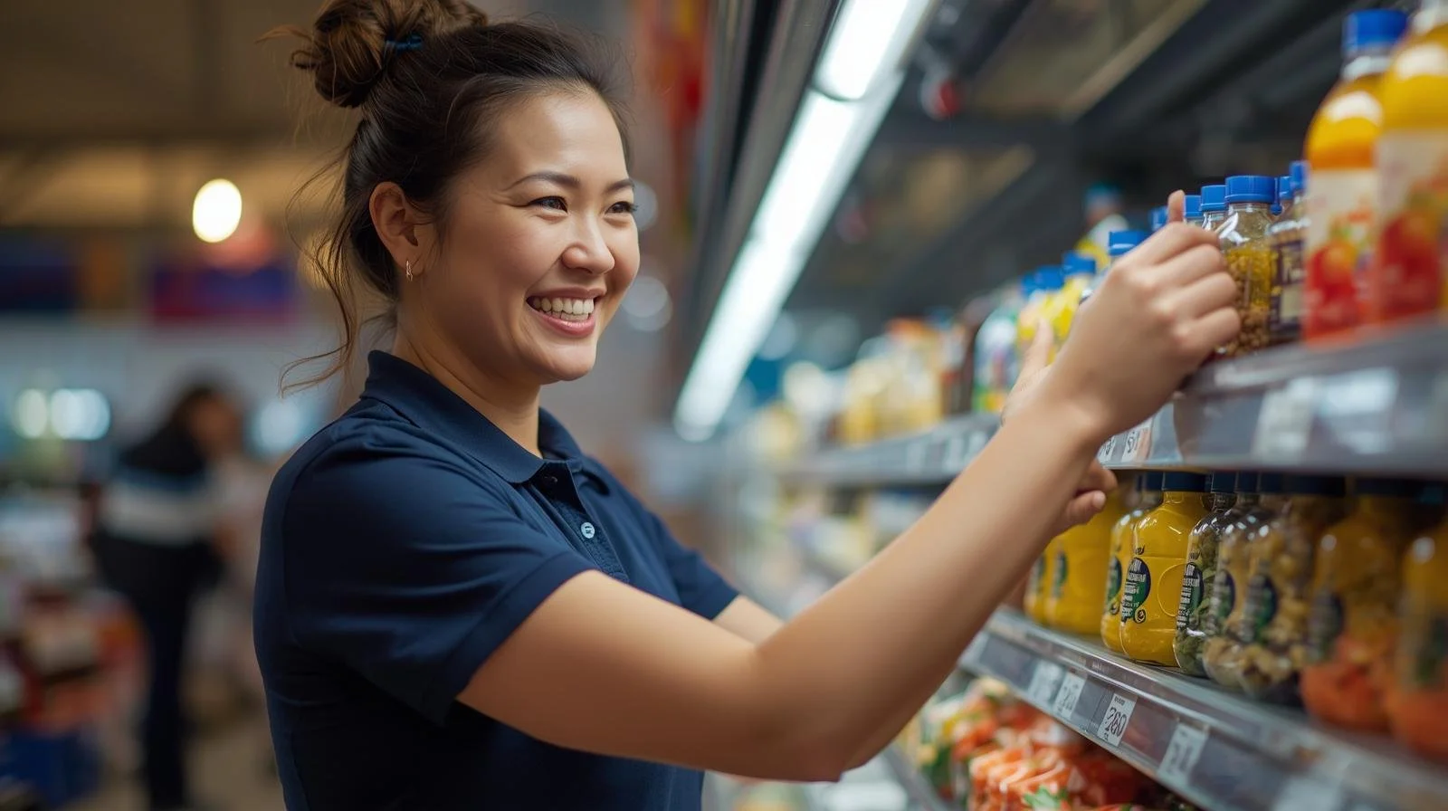 Young woman shopping in grocery store, smiling, reaching for a jar on store shelf.