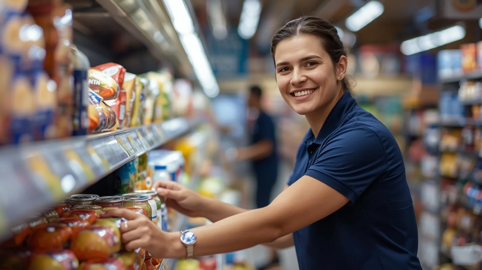A young woman with brown hair and a navy blue polo shirt shopping in a grocery store, selecting canned goods from the shelves and smiling at the camera.
