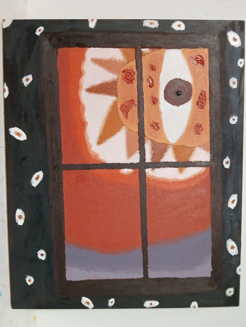 A colorful painting of a sun with an eyeball beaming through a dark, four-paned window surrounded by other smaller eyeballs.