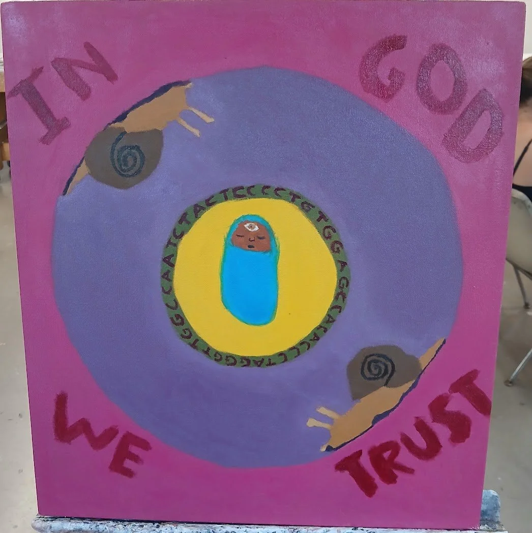 A colorful painting with a pink background, featuring a baby wrapped in a blue blanket at the center, surrounded by the words "IN GOD WE TRUST" and artistic depictions of Earth and human hands.