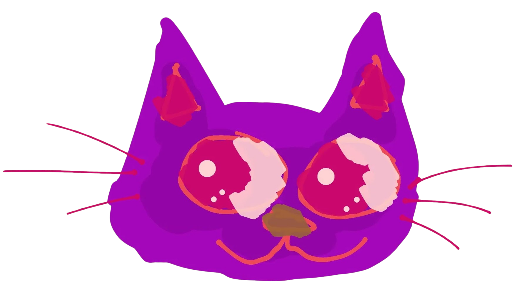 A stylized, cartoonish drawing of a purple cat face with pink eyes, orange nose, and whiskers.
