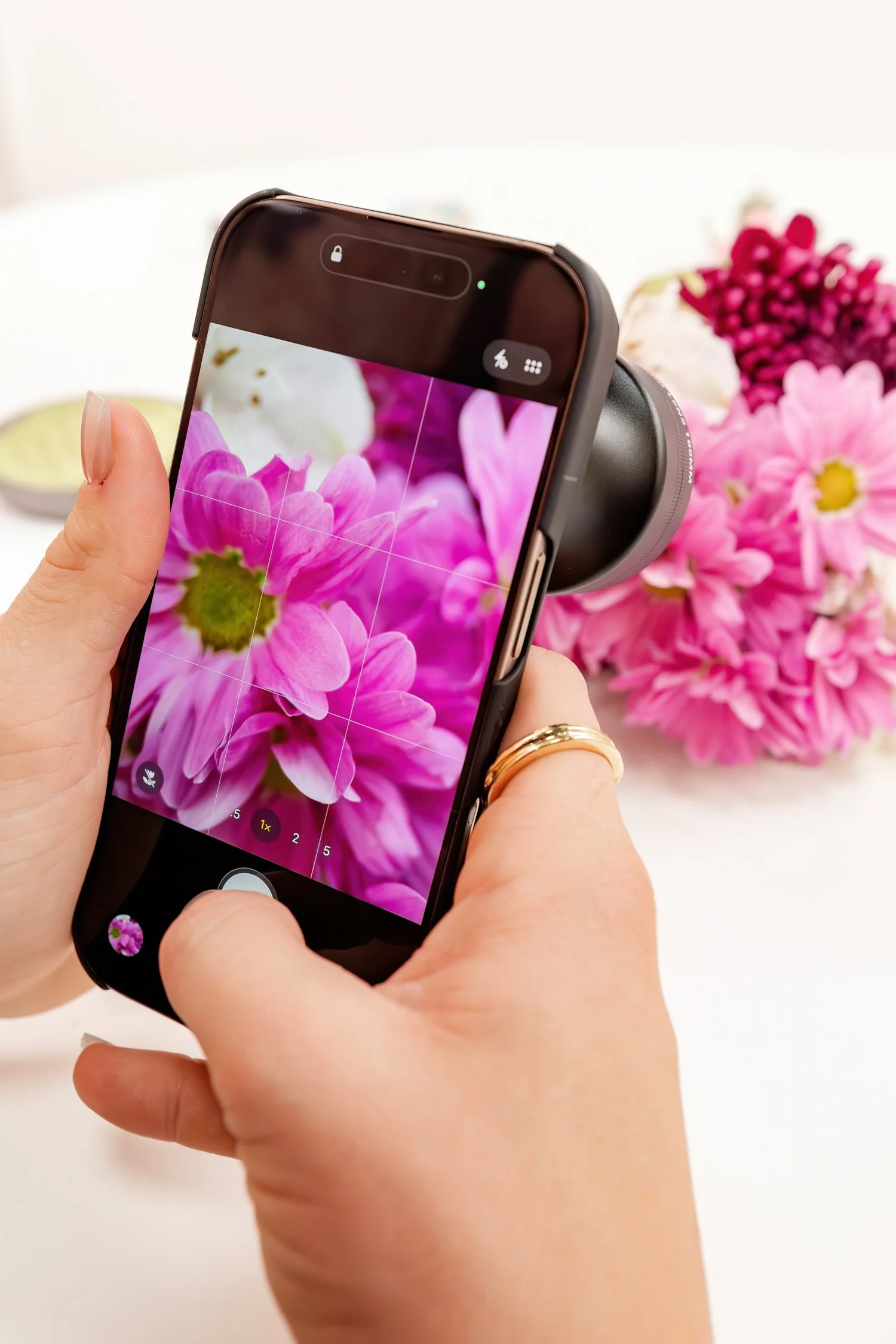 Pink flowers on a phone screen beside the flowers. Sandmarc product photography.