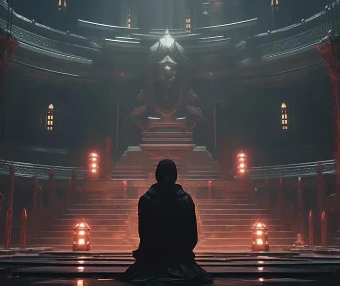A person sitting cross-legged on a staircase facing a large, dark throne with a lion's head sculpture in a grand, dimly lit hall.