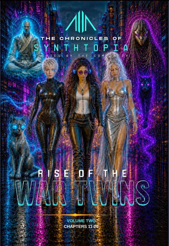 Cover of a science fiction book titled 'The Chronicles of Synthtopia: Rise of the War Twins, Volume Two, Chapters 11-20'. Features three women in futuristic attire, a man with a glowing aura, a neon-lit cityscape background, and two cybernetic animals, a wolf and a black panther with glowing eyes.